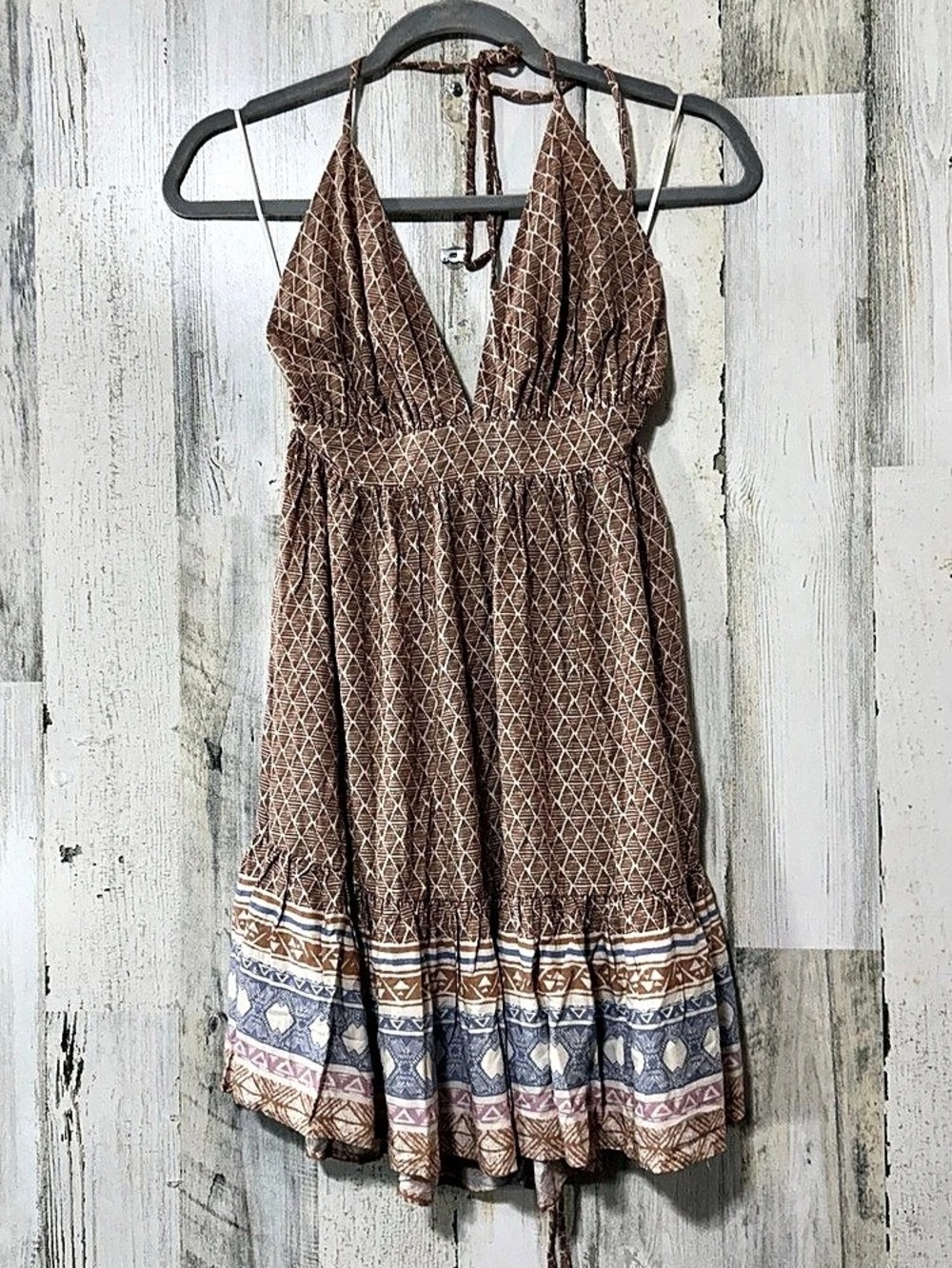 Boho Halter Brown & Blue Printed Mini Dress Size Small